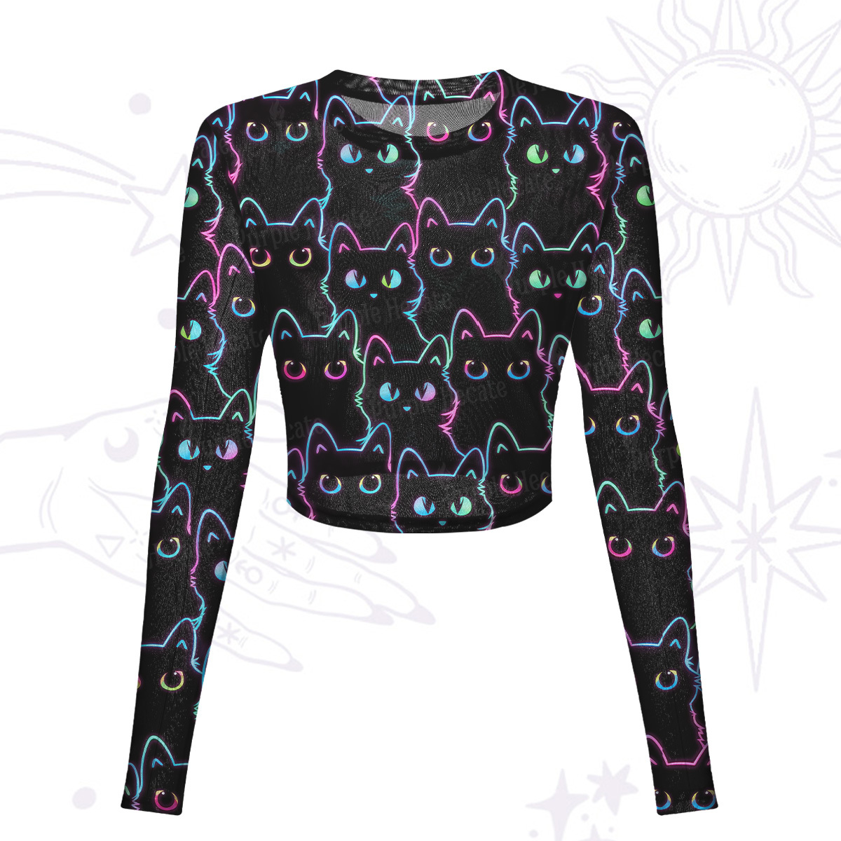 Purplehecate Neon Glow Stacked Cats Mesh Long Sleeve Crop Top