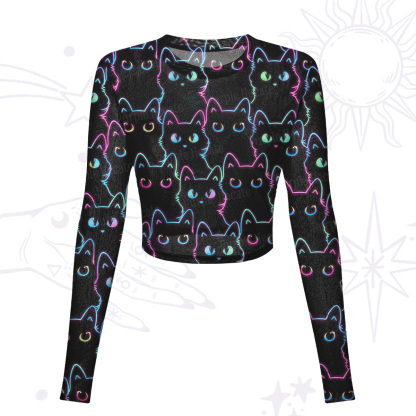 Purplehecate Neon Glow Stacked Cats Mesh Long Sleeve Crop Top