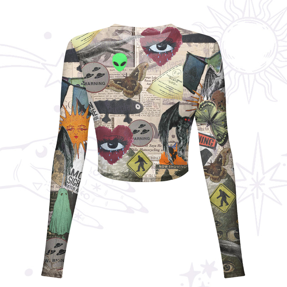 Purplehecate Cryptid Warning Collage Mesh Long Sleeve Crop Top