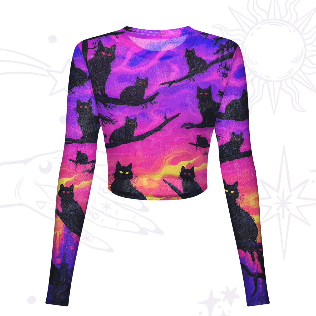 Purplehecate Twilight Forest Guardian Cat Mesh Long Sleeve Crop Top