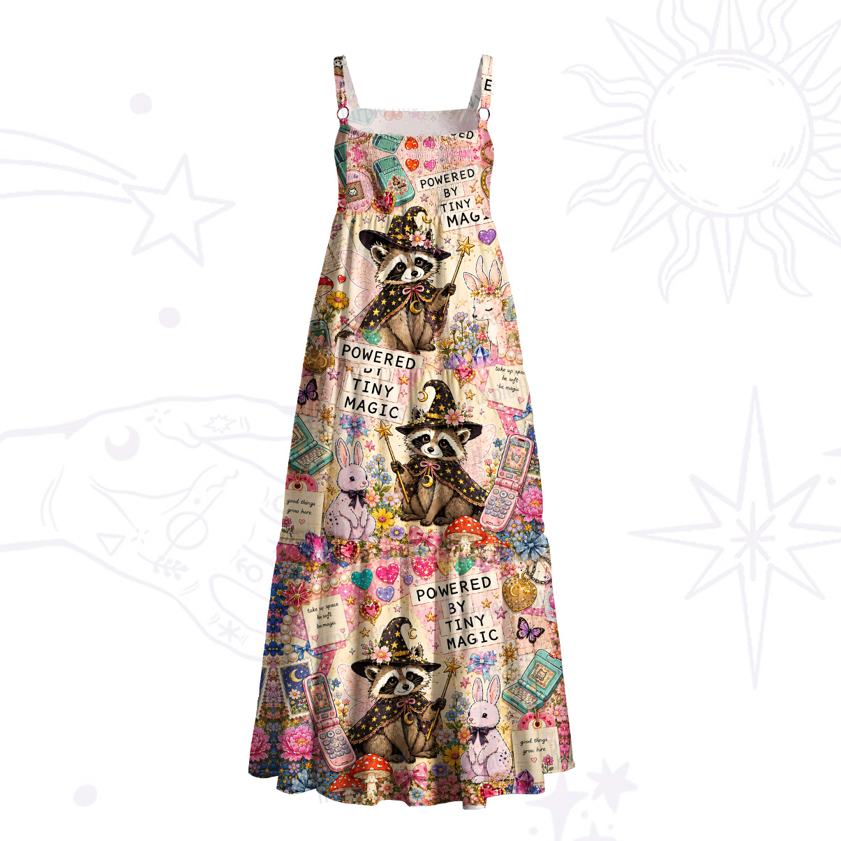 Purplehecate Tiny Magic Raccoon Witch Wide Straps Maxi Dress