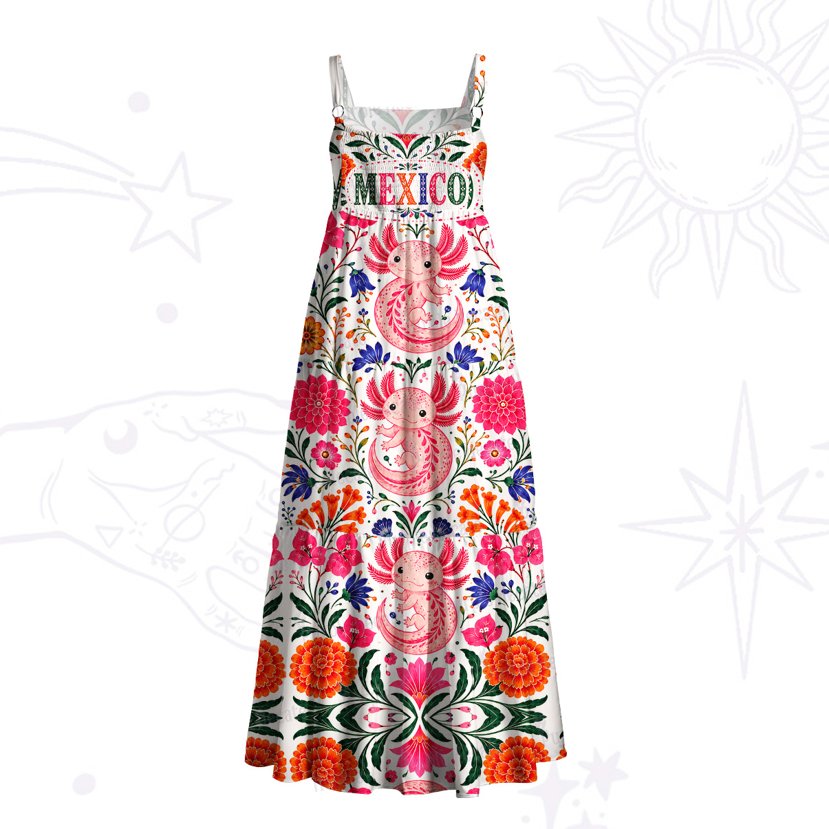 Purplehecate Mexico Pink Axolotl Wide Straps Maxi Dress