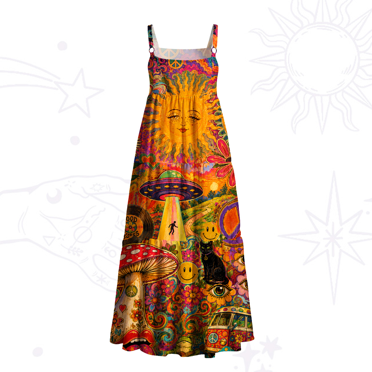 Purplehecate Psychedelic Sun Alien Trip Wide Straps Maxi Dress