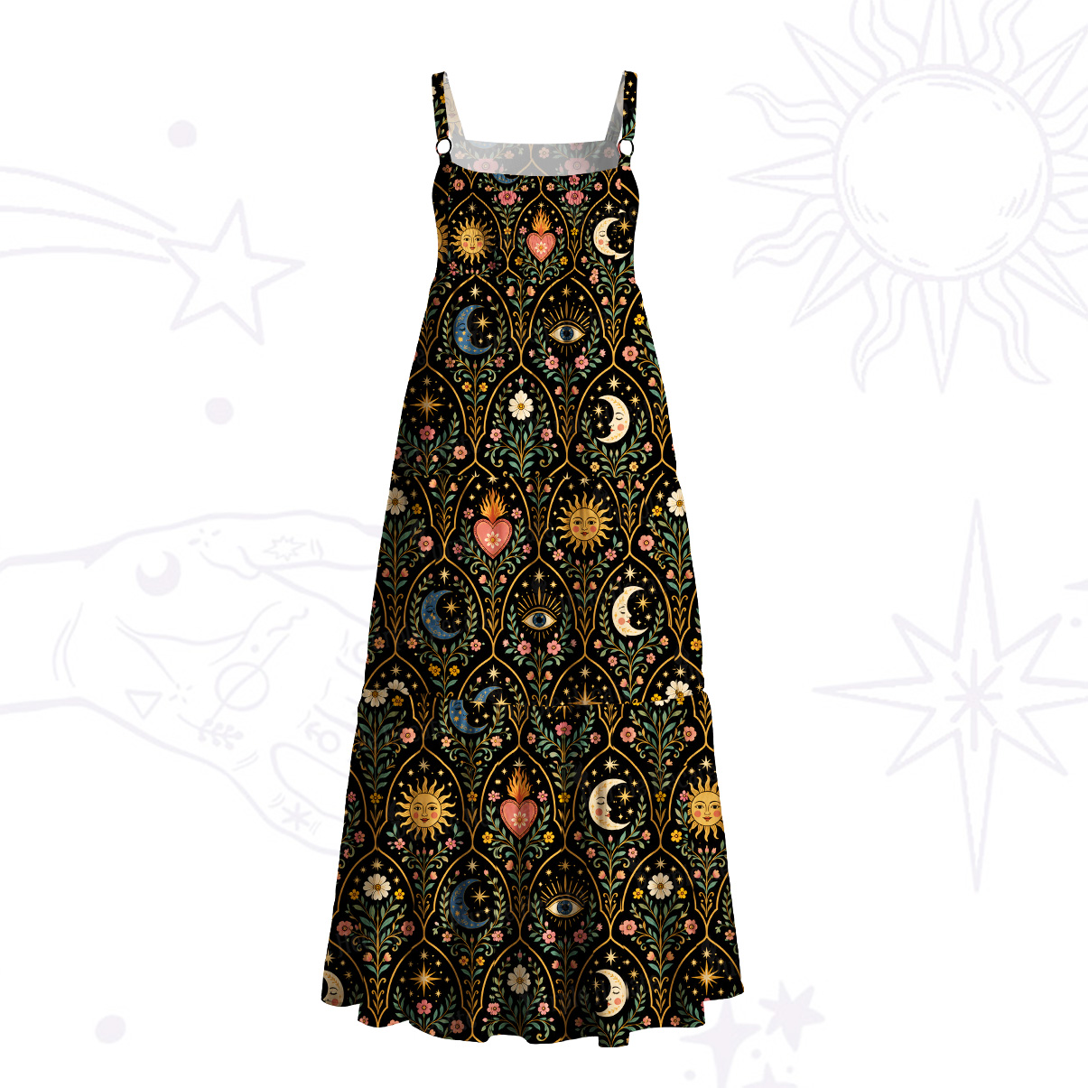 Purplehecate Mystic Sun Moon Hearts Wide Straps Maxi Dress