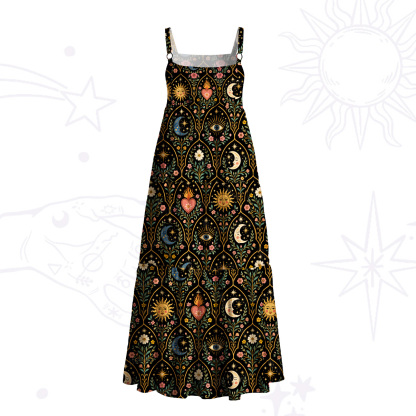 Purplehecate Mystic Sun Moon Hearts Wide Straps Maxi Dress