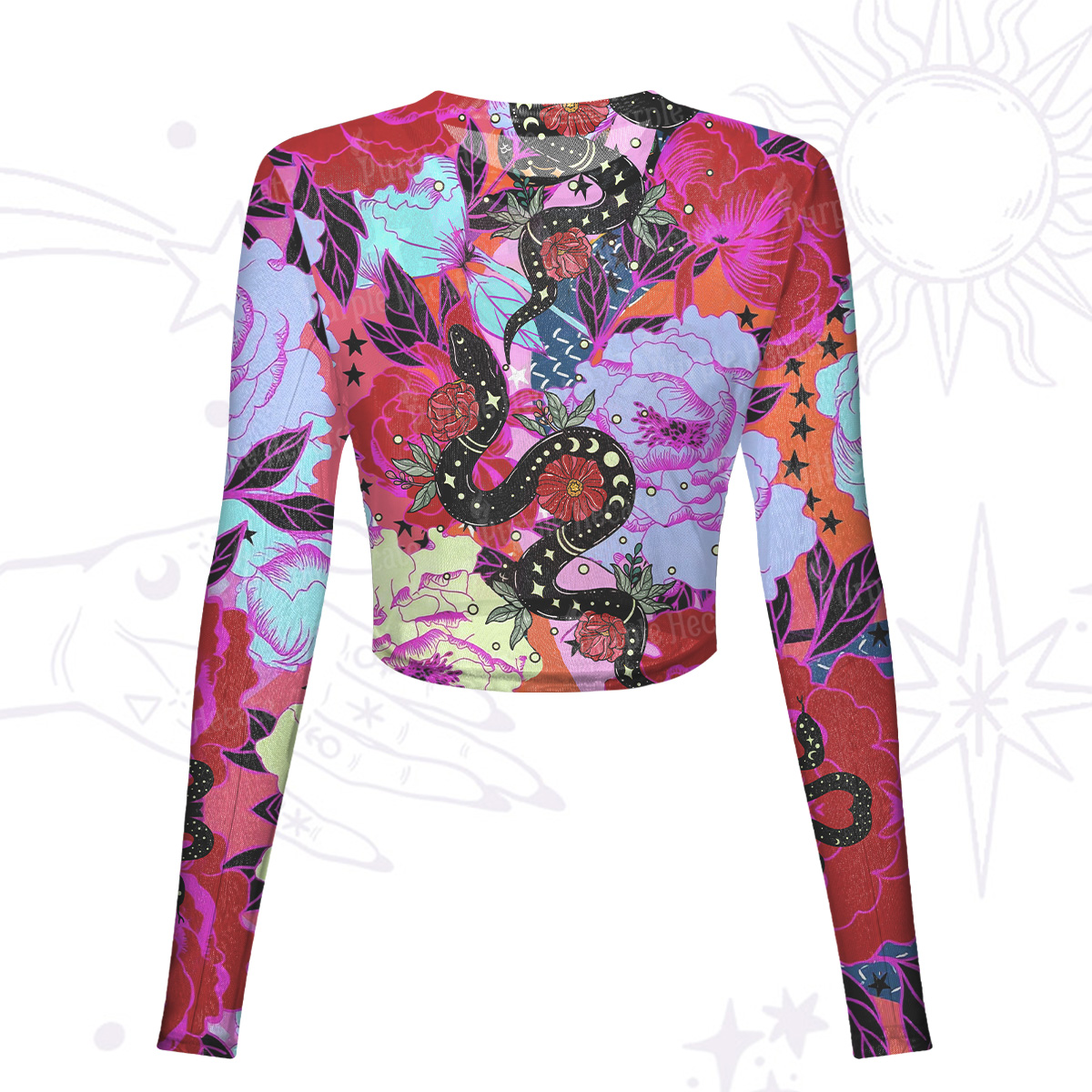 Purplehecate Enchanted Black Serpent & Floral Pattern Mesh Long Sleeve Crop Top
