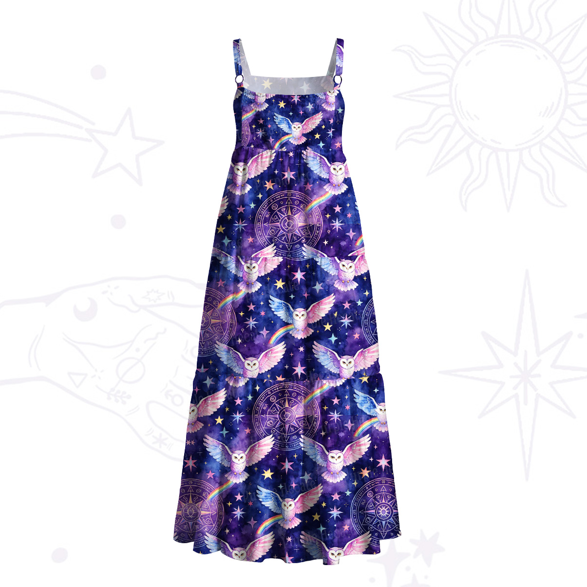 Purplehecate Mystic Owl Starry Night Wide Straps Maxi Dress