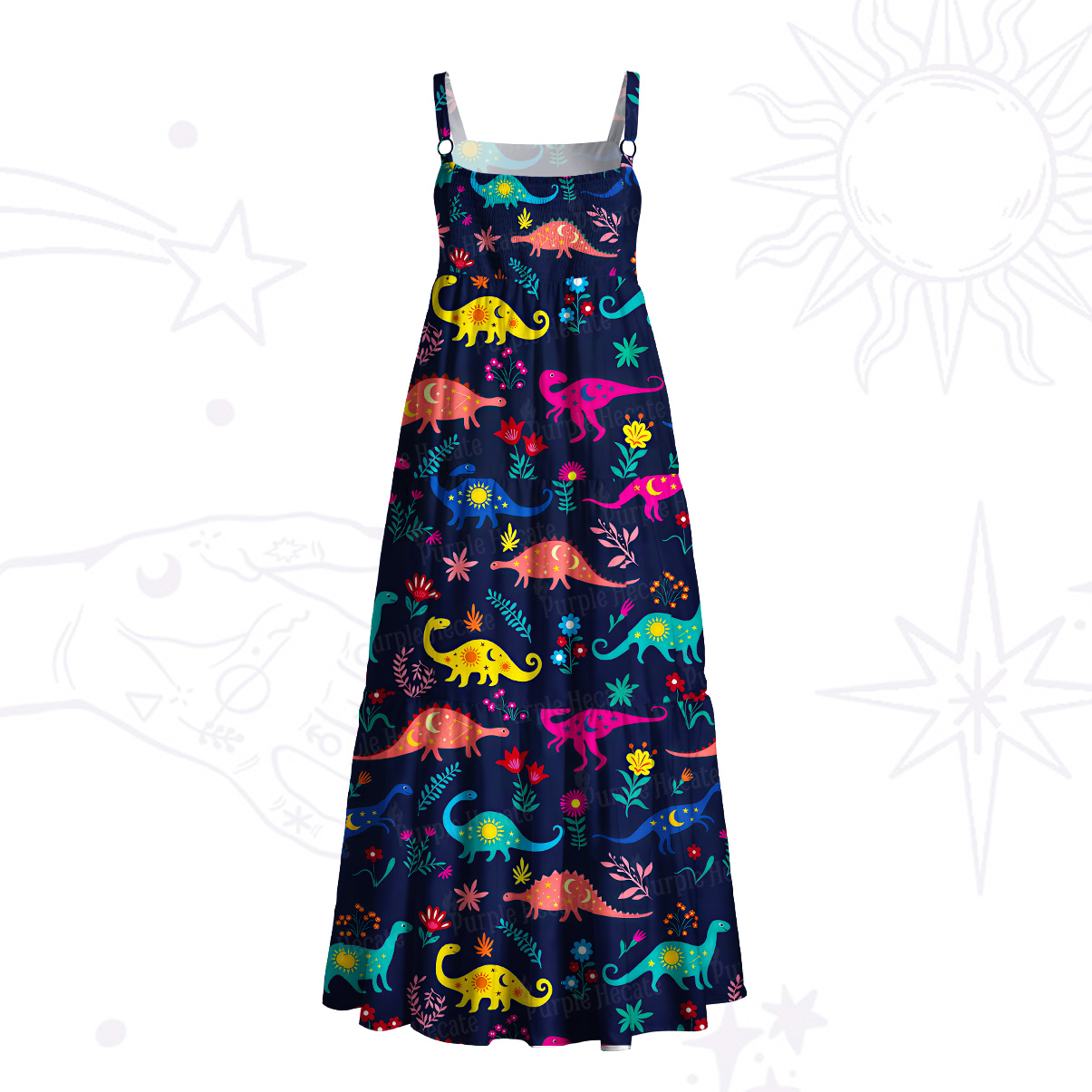 Purplehecate Colorful Dino Playground Wide Straps Maxi Dress
