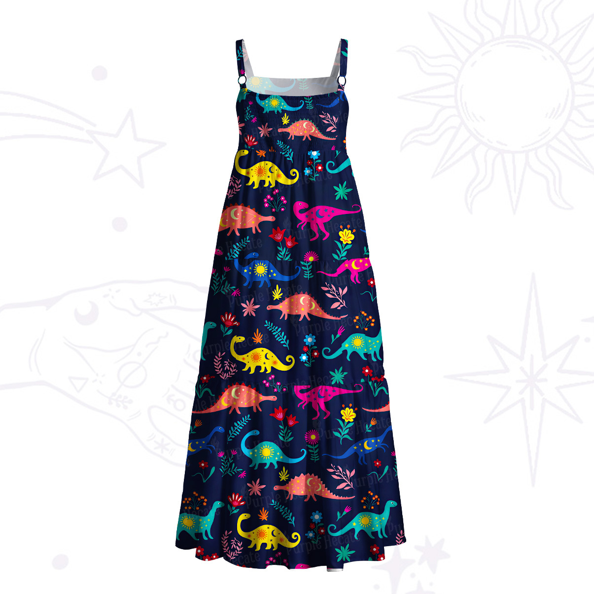Purplehecate Colorful Dino Playground Wide Straps Maxi Dress