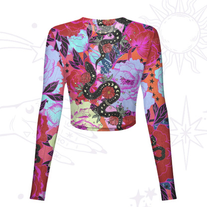 Purplehecate Enchanted Black Serpent & Floral Pattern Mesh Long Sleeve Crop Top