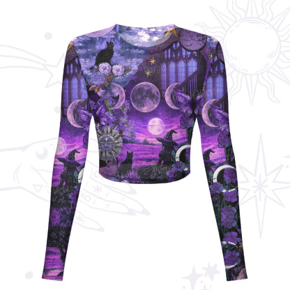 Purplehecate Witchy Black Cat Moon Mesh Long Sleeve Crop Top