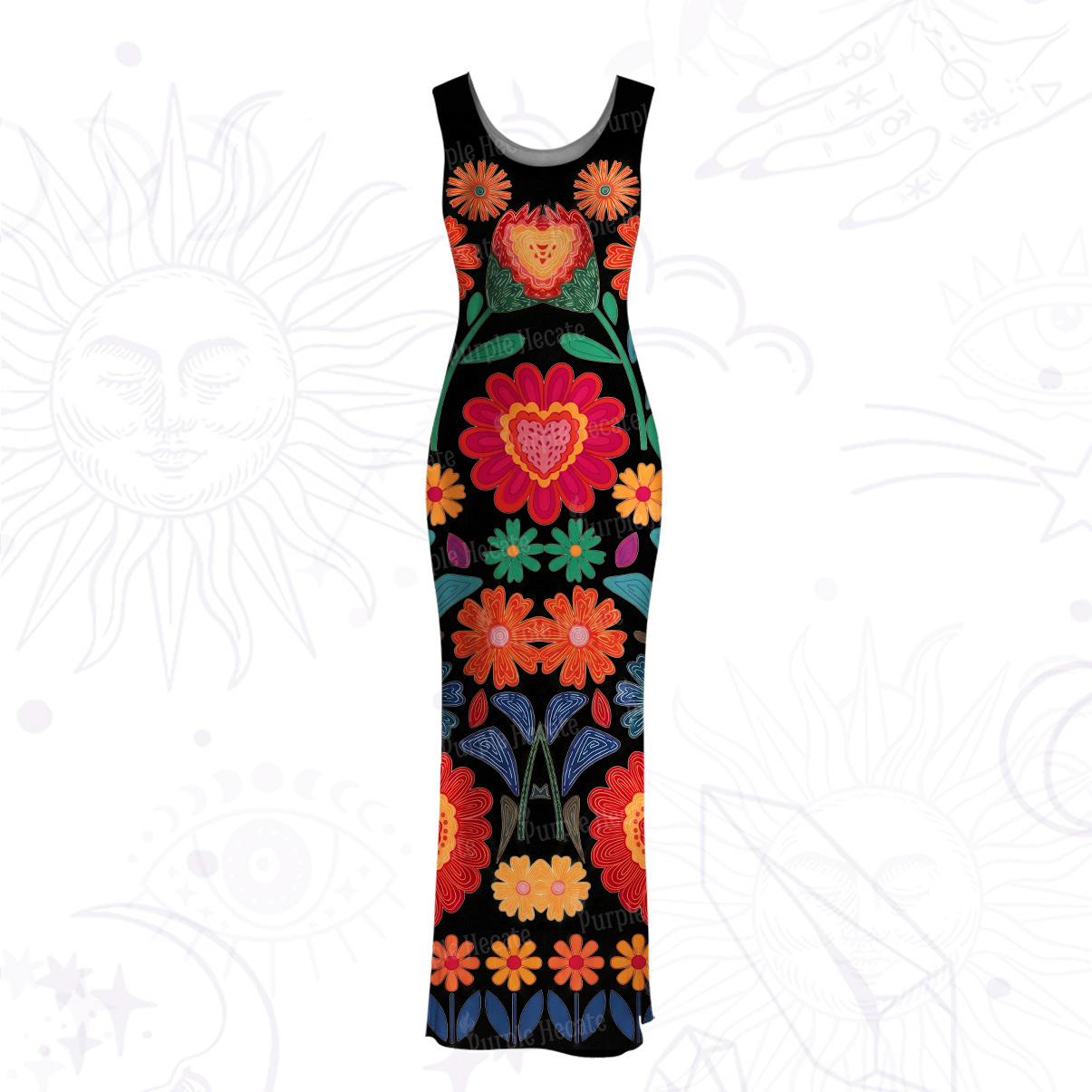 Purplehecate Retro Bloom Folk Floral Mesh Maxi Tank Beach Dress