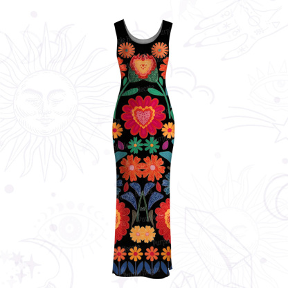Purplehecate Retro Bloom Folk Floral Mesh Maxi Tank Beach Dress