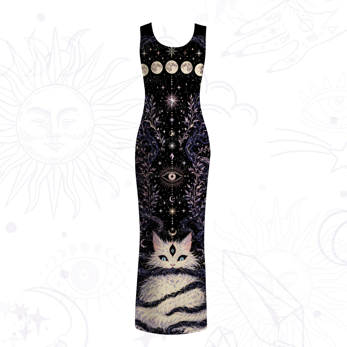 Purplehecate Moon Phase Oracle Cat Mesh Maxi Tank Beach Dress