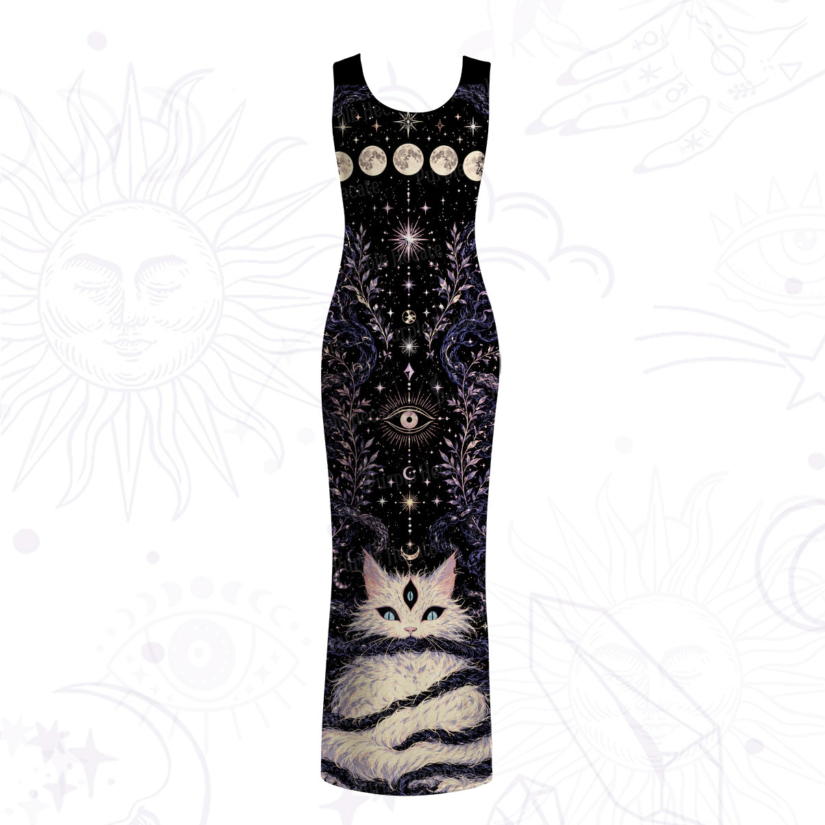 Purplehecate Moon Phase Oracle Cat Mesh Maxi Tank Beach Dress