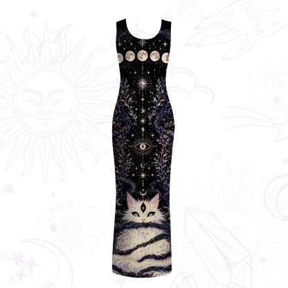 Purplehecate Moon Phase Oracle Cat Mesh Maxi Tank Beach Dress