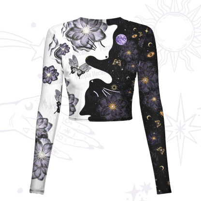 Purplehecate Starlit Cats & Butterflies Mesh Long Sleeve Crop Top
