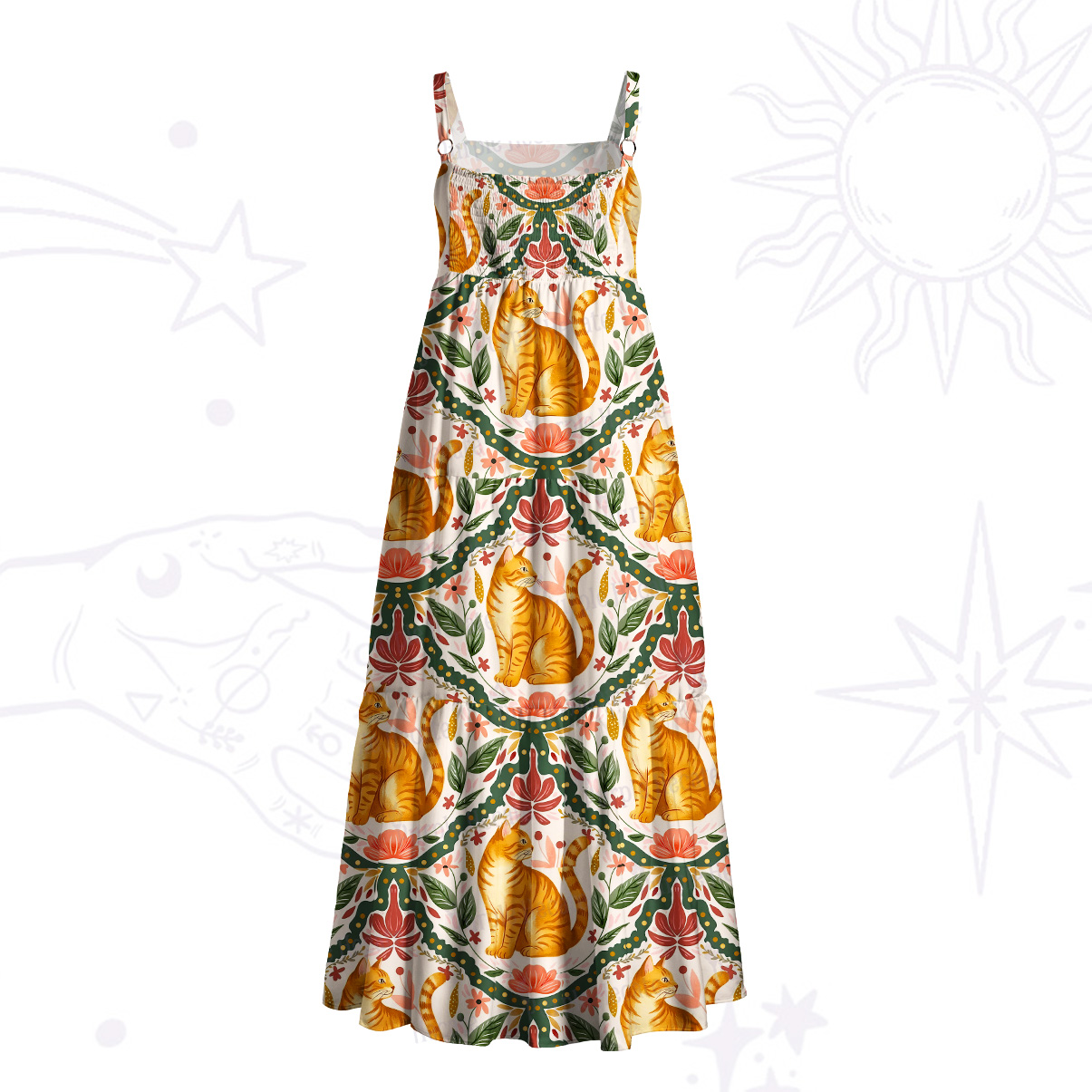 Purplehecate Floral Orange Cat Wide Straps Maxi Dress