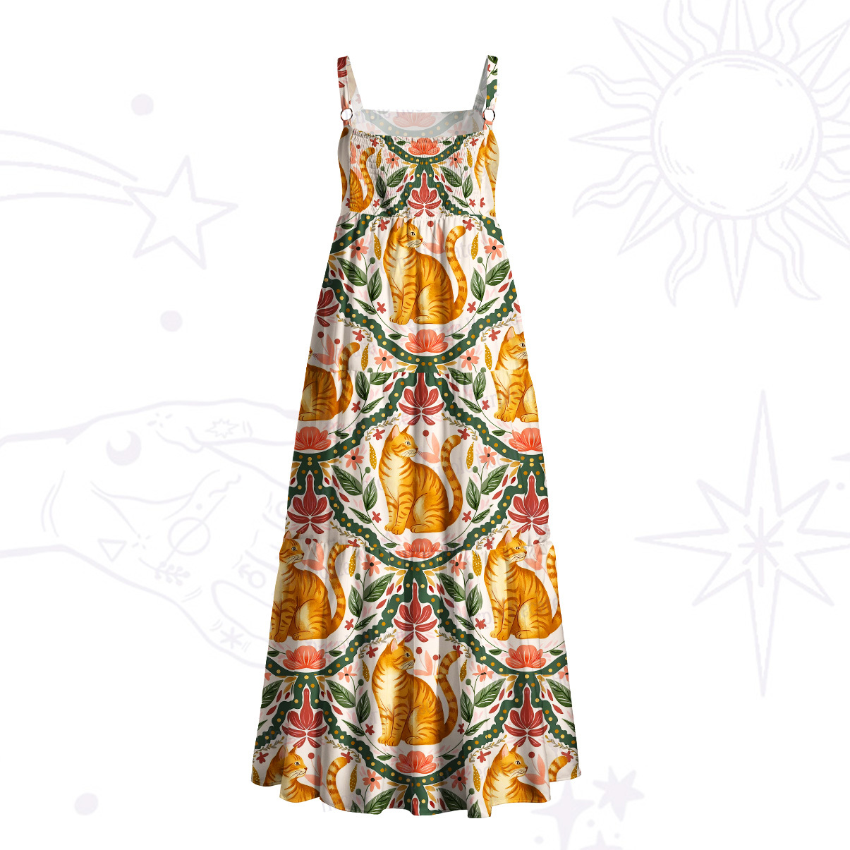 Purplehecate Floral Orange Cat Wide Straps Maxi Dress