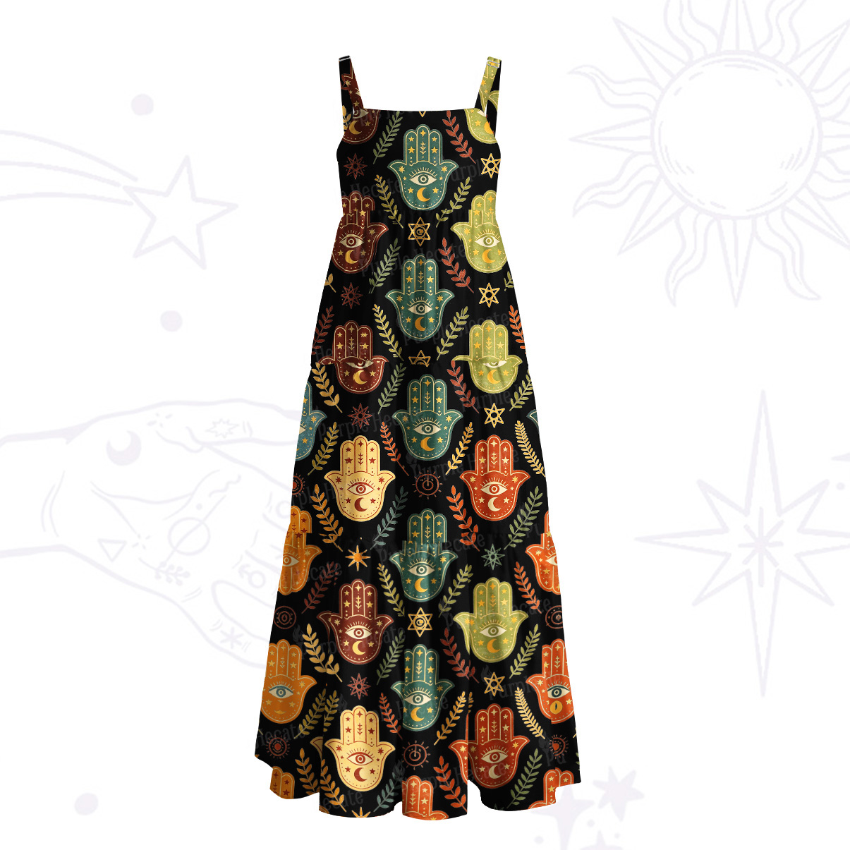Purplehecate Boho Hamsa Hand Print Wide Straps Maxi Dress