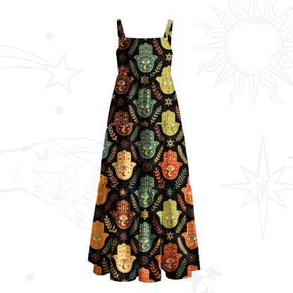Purplehecate Boho Hamsa Hand Print Wide Straps Maxi Dress
