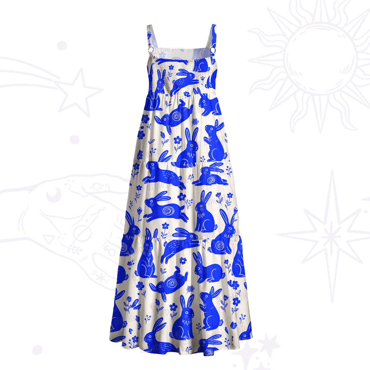Purplehecate Playful Blue Bunny Wide Straps Maxi Dress