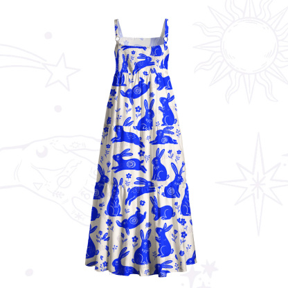 Purplehecate Playful Blue Bunny Wide Straps Maxi Dress