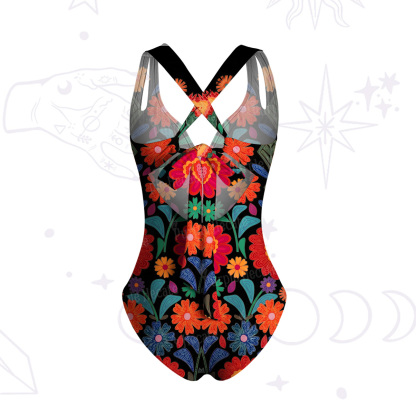 Purplehecate Retro Bloom Folk Floral One-Piece Swimsuit