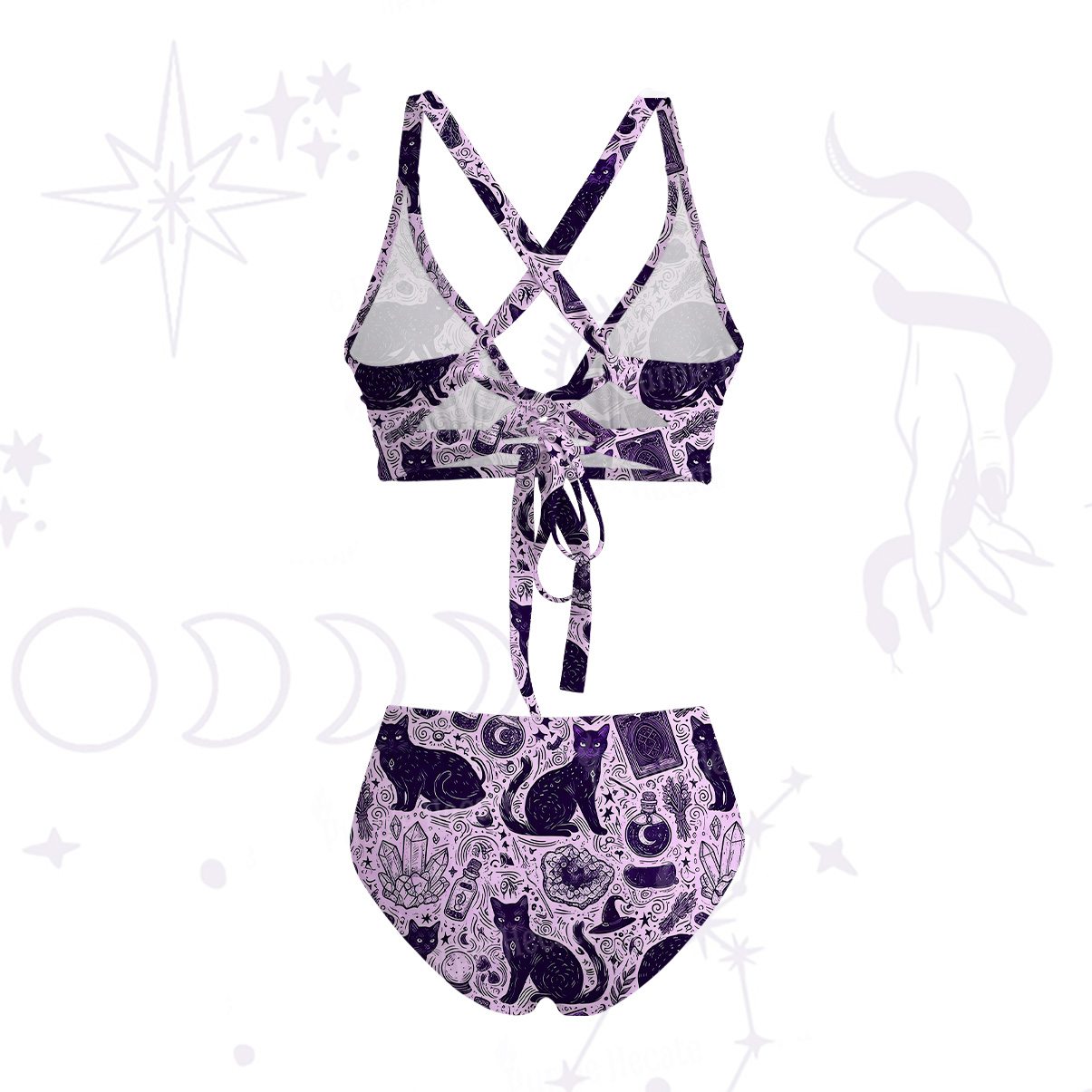 Purplehecate Midnight Black Cat Witch Potion Tie-Back Bikini Set