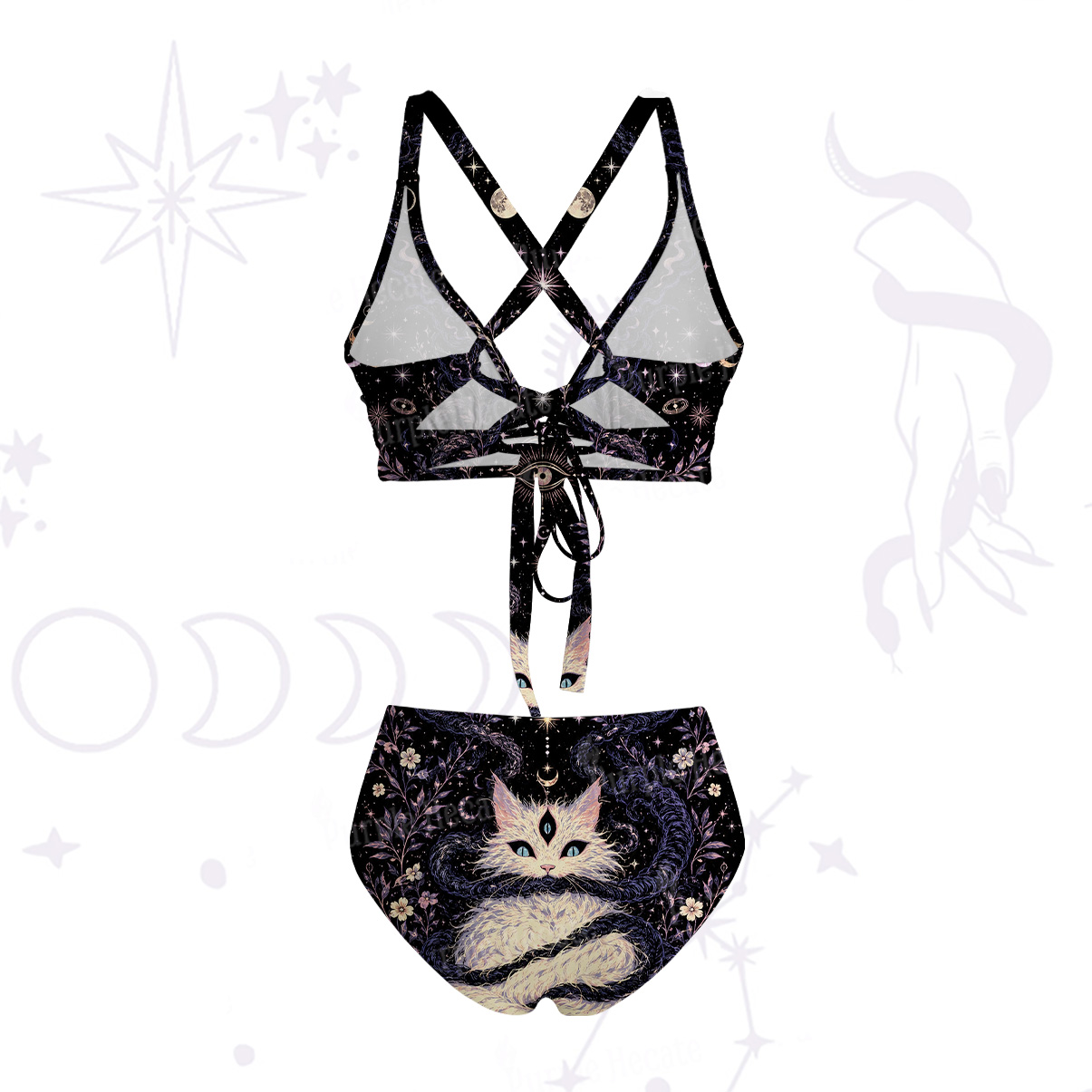 Purplehecate Moon Phase Oracle Cat Tie-Back Bikini Set