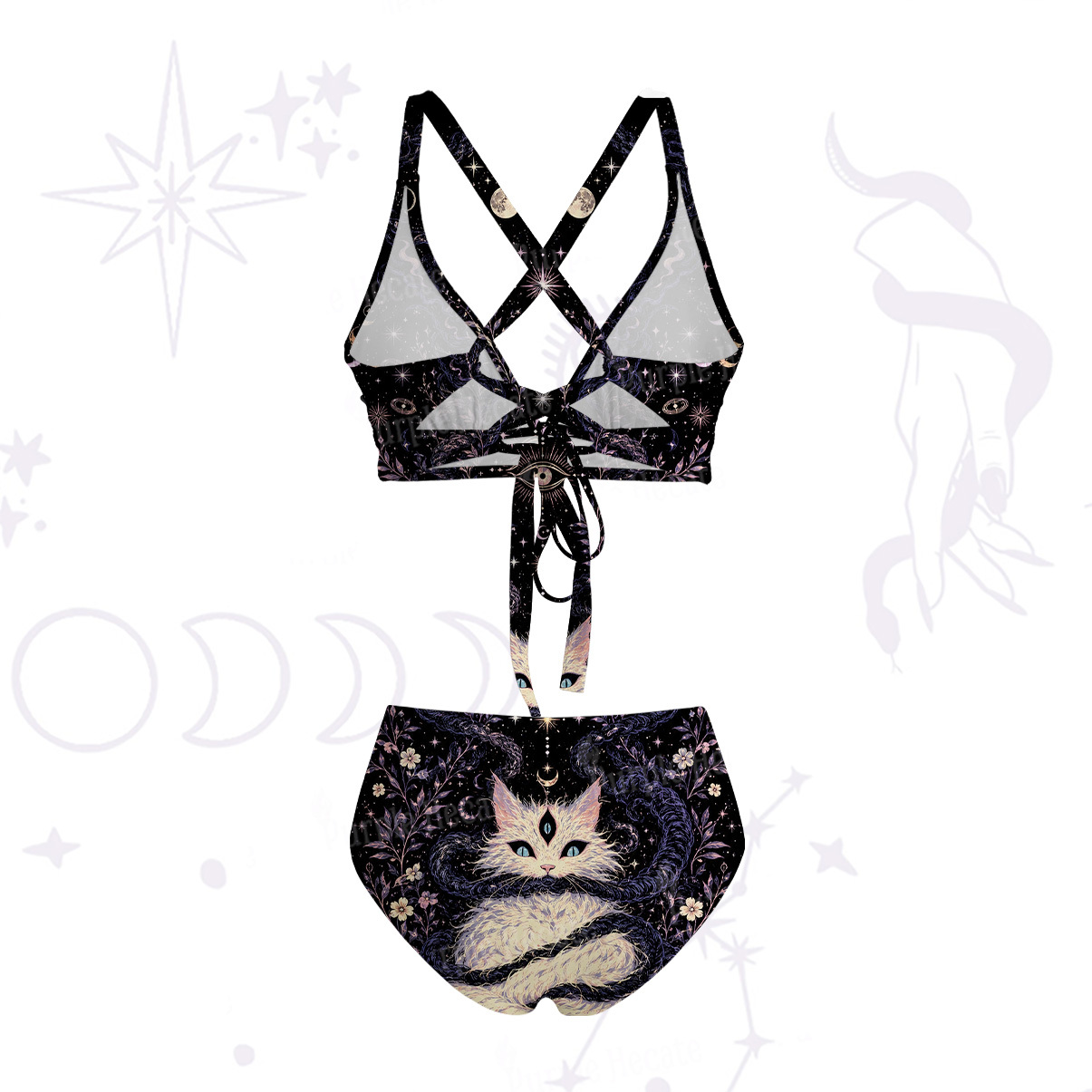 Purplehecate Moon Phase Oracle Cat Tie-Back Bikini Set
