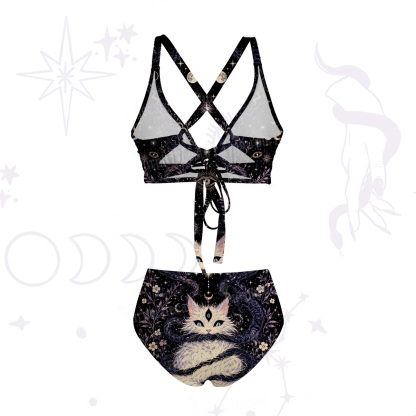 Purplehecate Moon Phase Oracle Cat Tie-Back Bikini Set