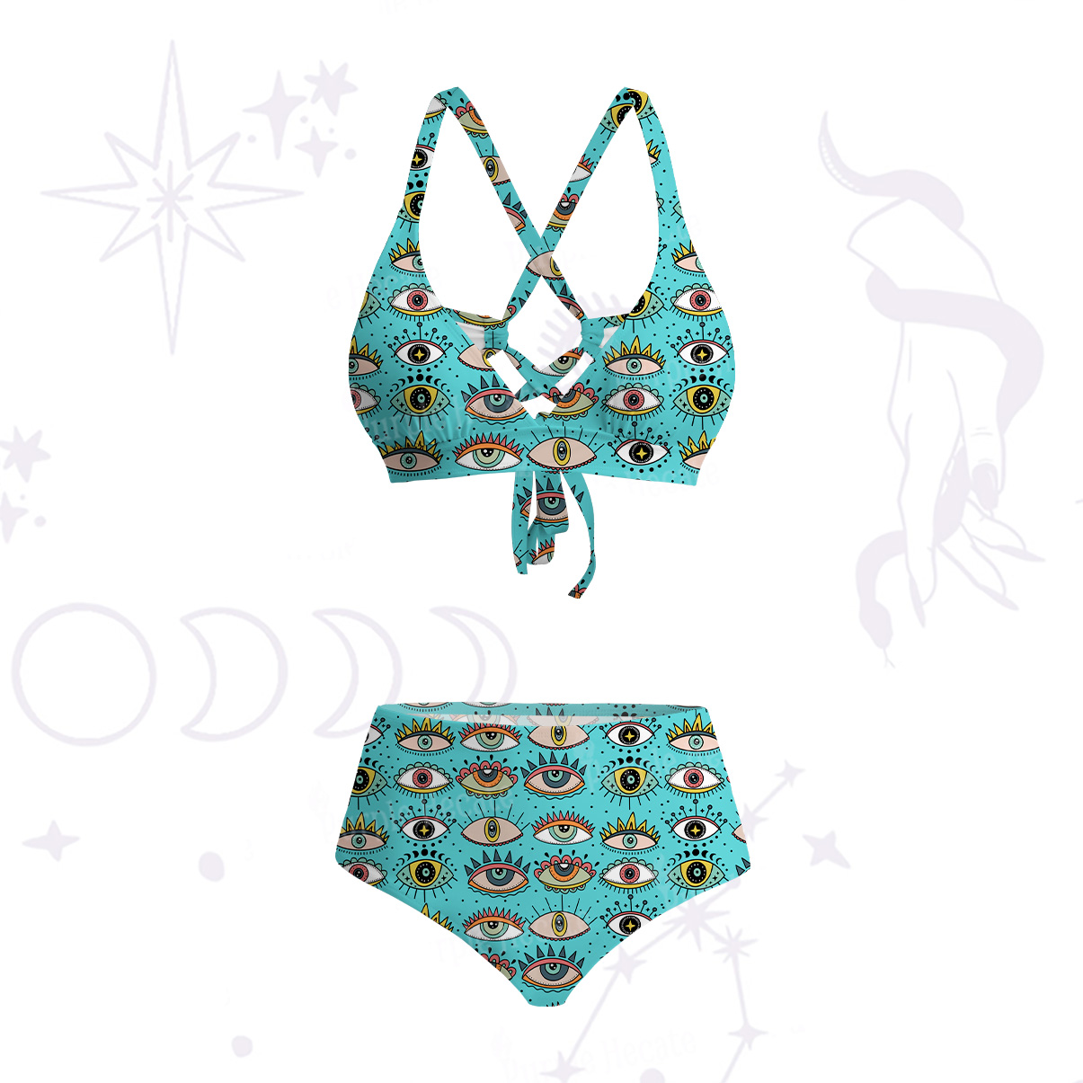 Purplehecate Evil Eye Pattern Crisscross Tie-Back Bikini Set