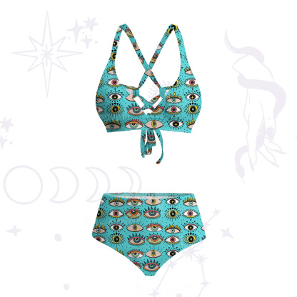 Purplehecate Evil Eye Pattern Crisscross Tie-Back Bikini Set