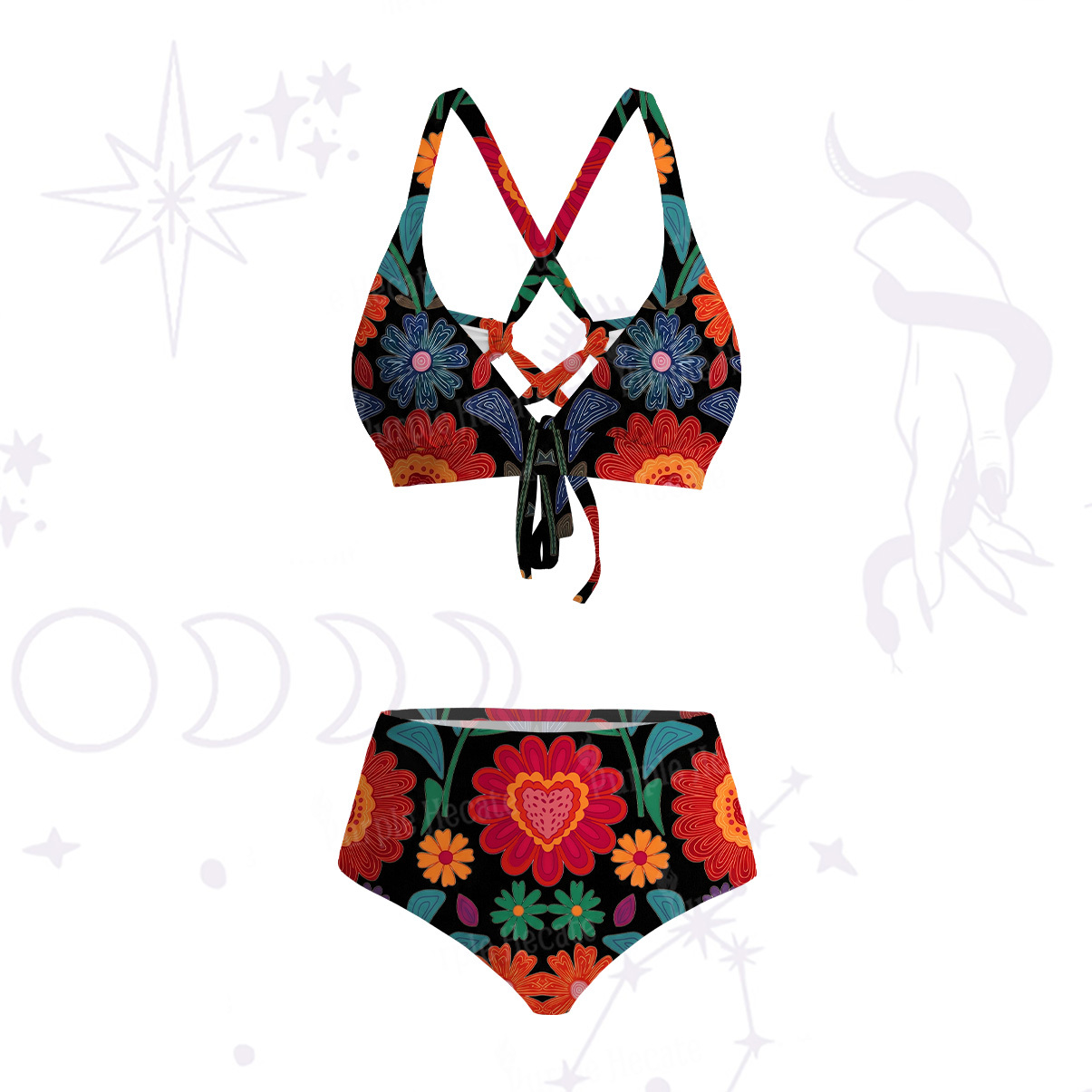 Purplehecate Retro Bloom Folk Floral Crisscross Tie-Back Bikini Set