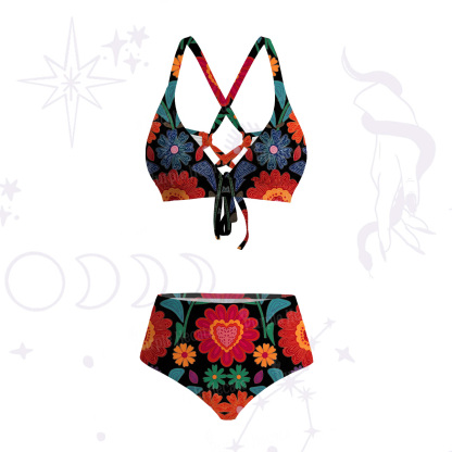 Purplehecate Retro Bloom Folk Floral Crisscross Tie-Back Bikini Set