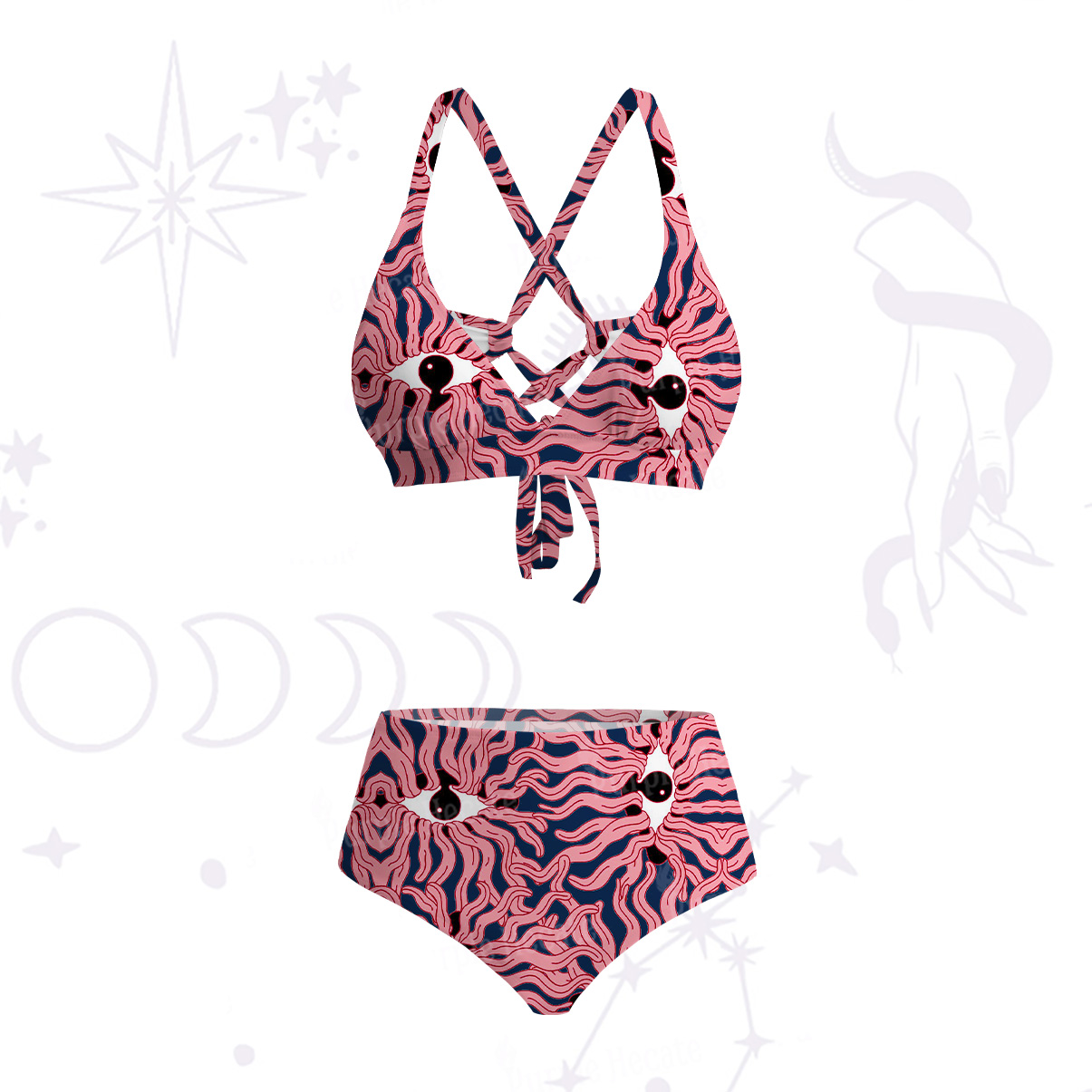 Purplehecate Psychedelic Wave Eyes Crisscross Tie-Back Bikini Set