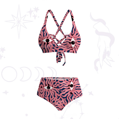 Purplehecate Psychedelic Wave Eyes Crisscross Tie-Back Bikini Set