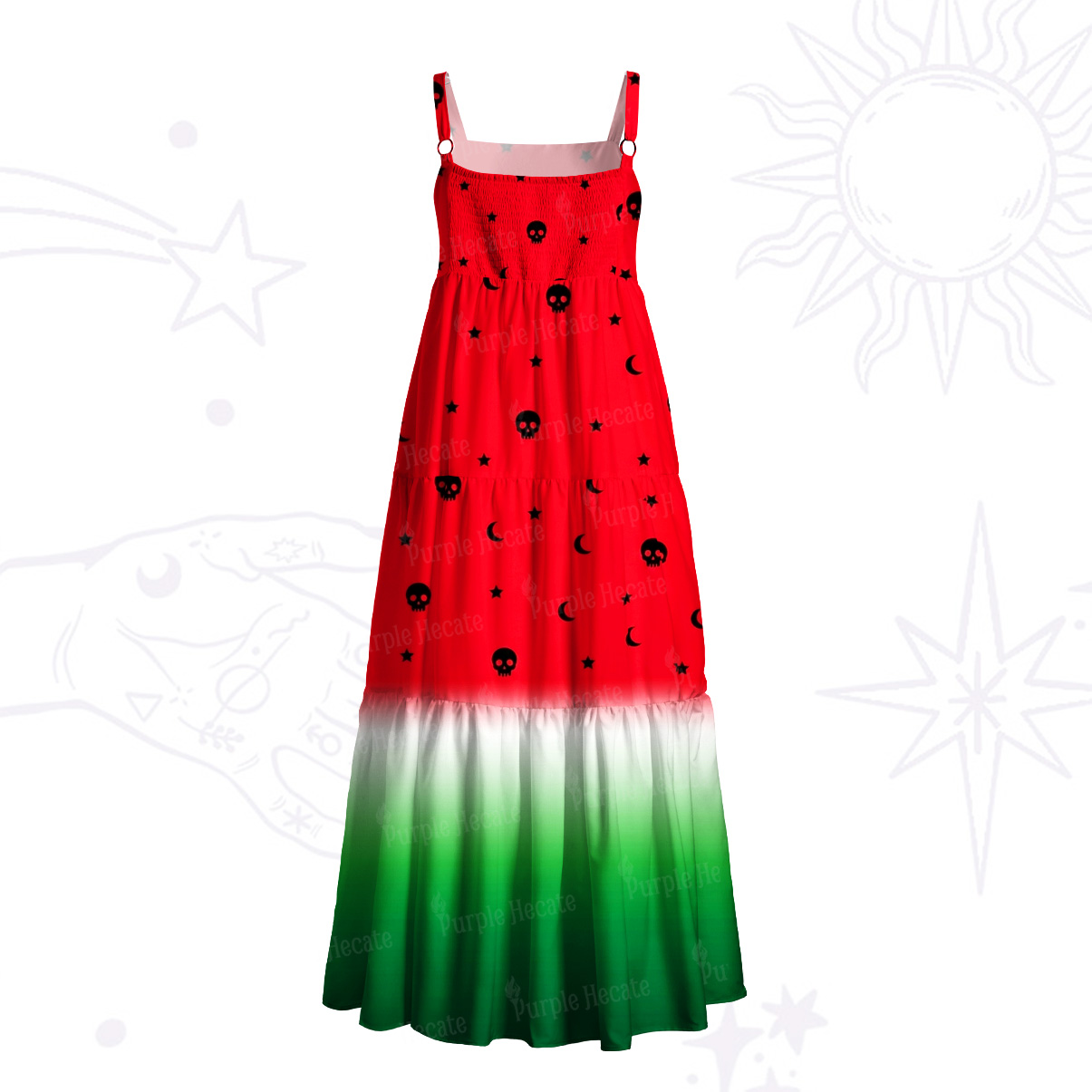 Purplehecate Summer Watermelon Mystic Skull Wide Straps Maxi Dress