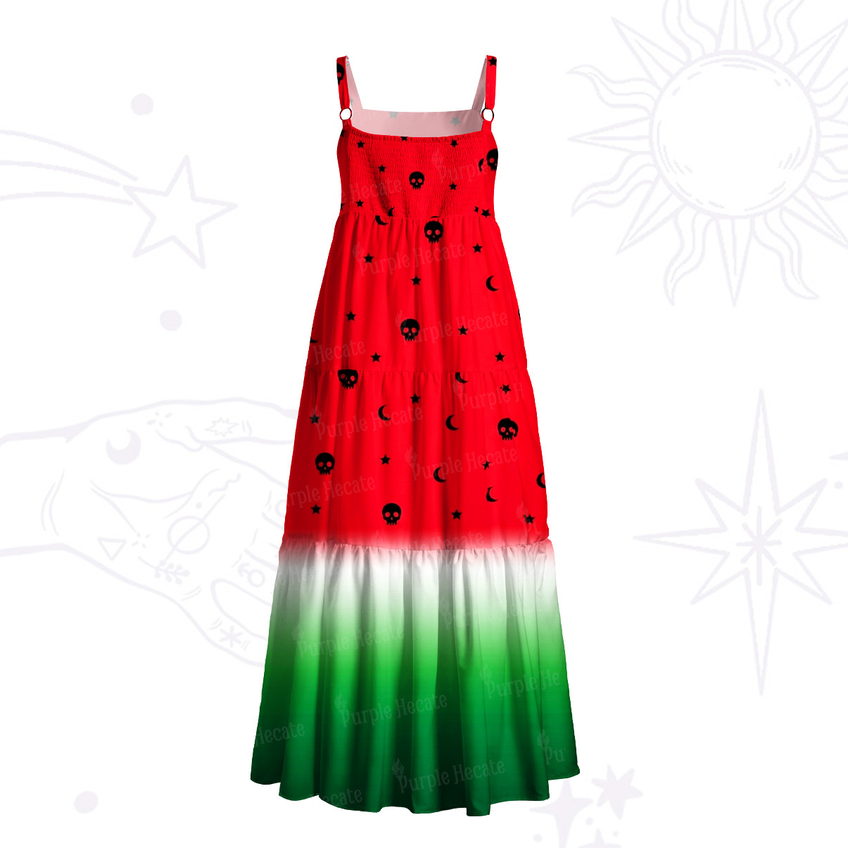 Purplehecate Summer Watermelon Mystic Skull Wide Straps Maxi Dress