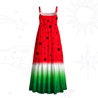 Purplehecate Summer Watermelon Mystic Skull Wide Straps Maxi Dress