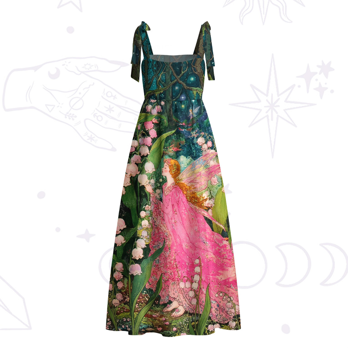 Purplehecate Mystic Secret Lily Fairy Forest Tie Shoulder Maxi Dress
