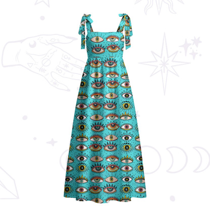 Purplehecate Evil Eye Pattern Tie Shoulder Maxi Dress