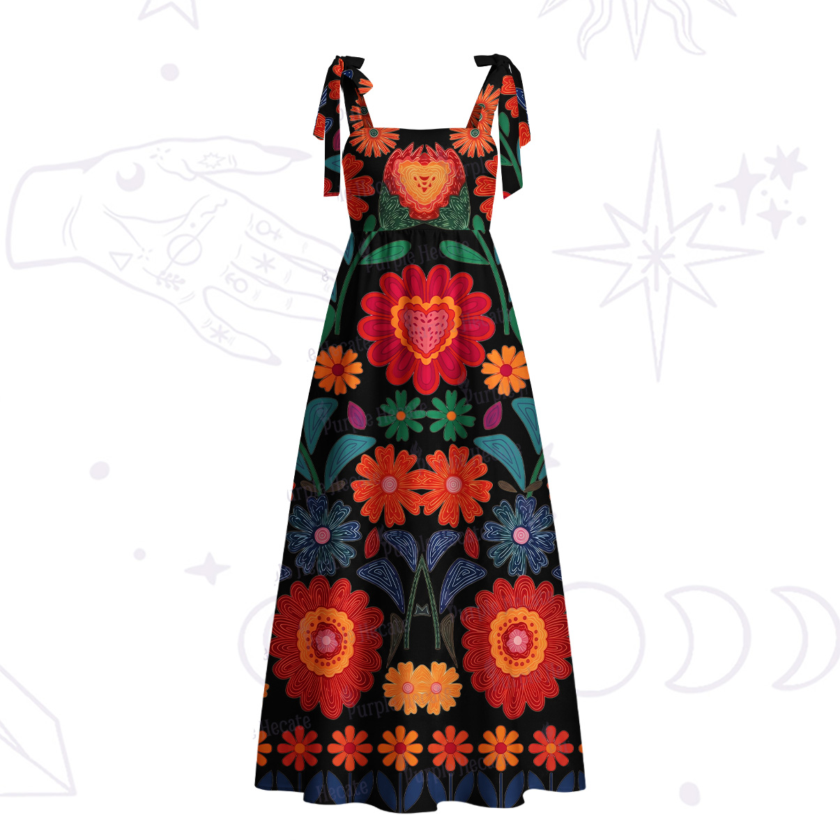 Purplehecate Retro Bloom Folk Floral Tie Shoulder Maxi Dress