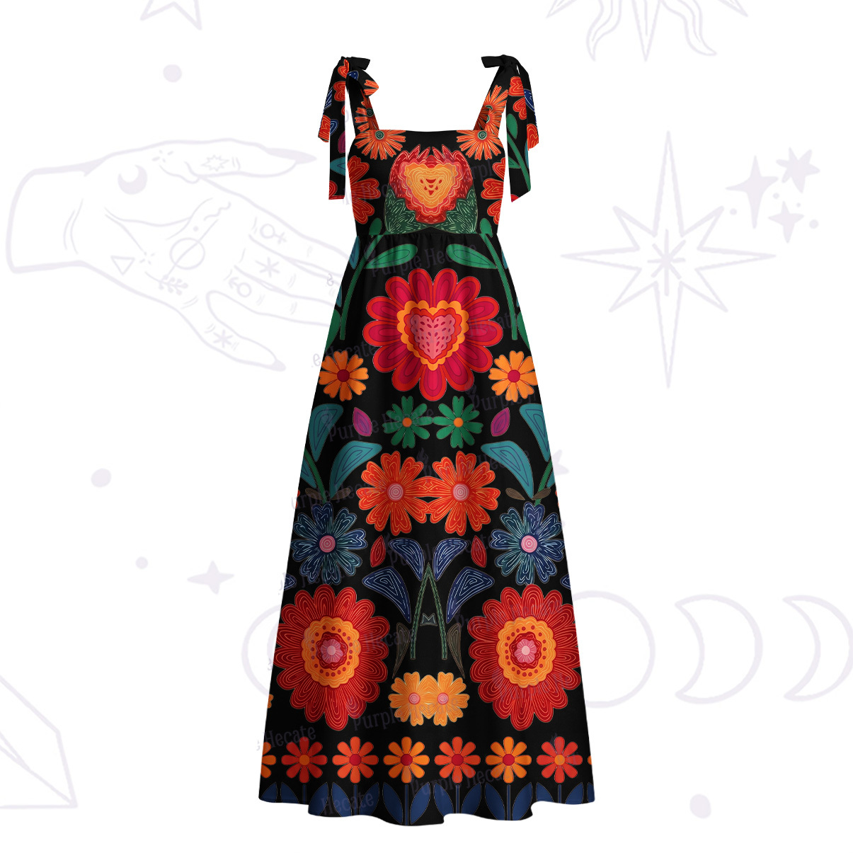 Purplehecate Retro Bloom Folk Floral Tie Shoulder Maxi Dress
