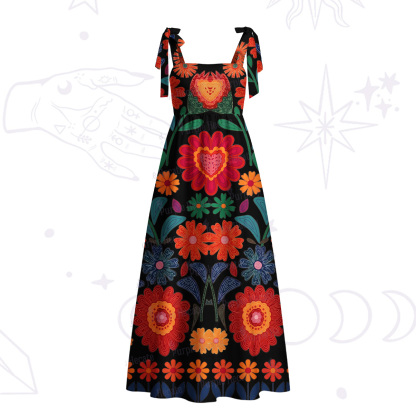 Purplehecate Retro Bloom Folk Floral Tie Shoulder Maxi Dress