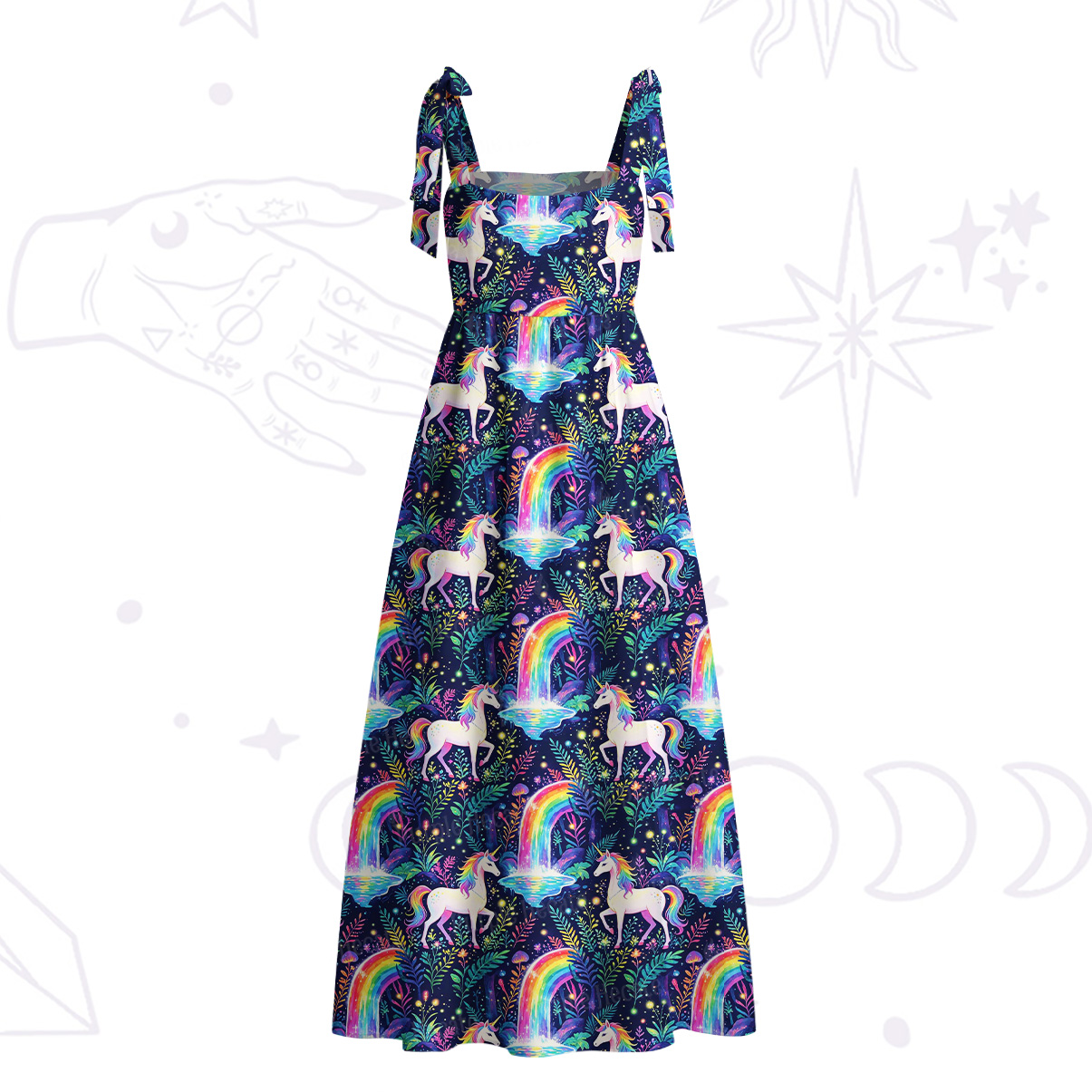 Purplehecate Rainbow Forest Unicorn Tie Shoulder Maxi Dress