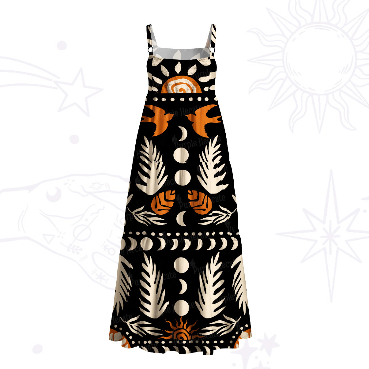 Purplehecate Tribal Mystic Bird Sun Moon Wide Straps Maxi Dress