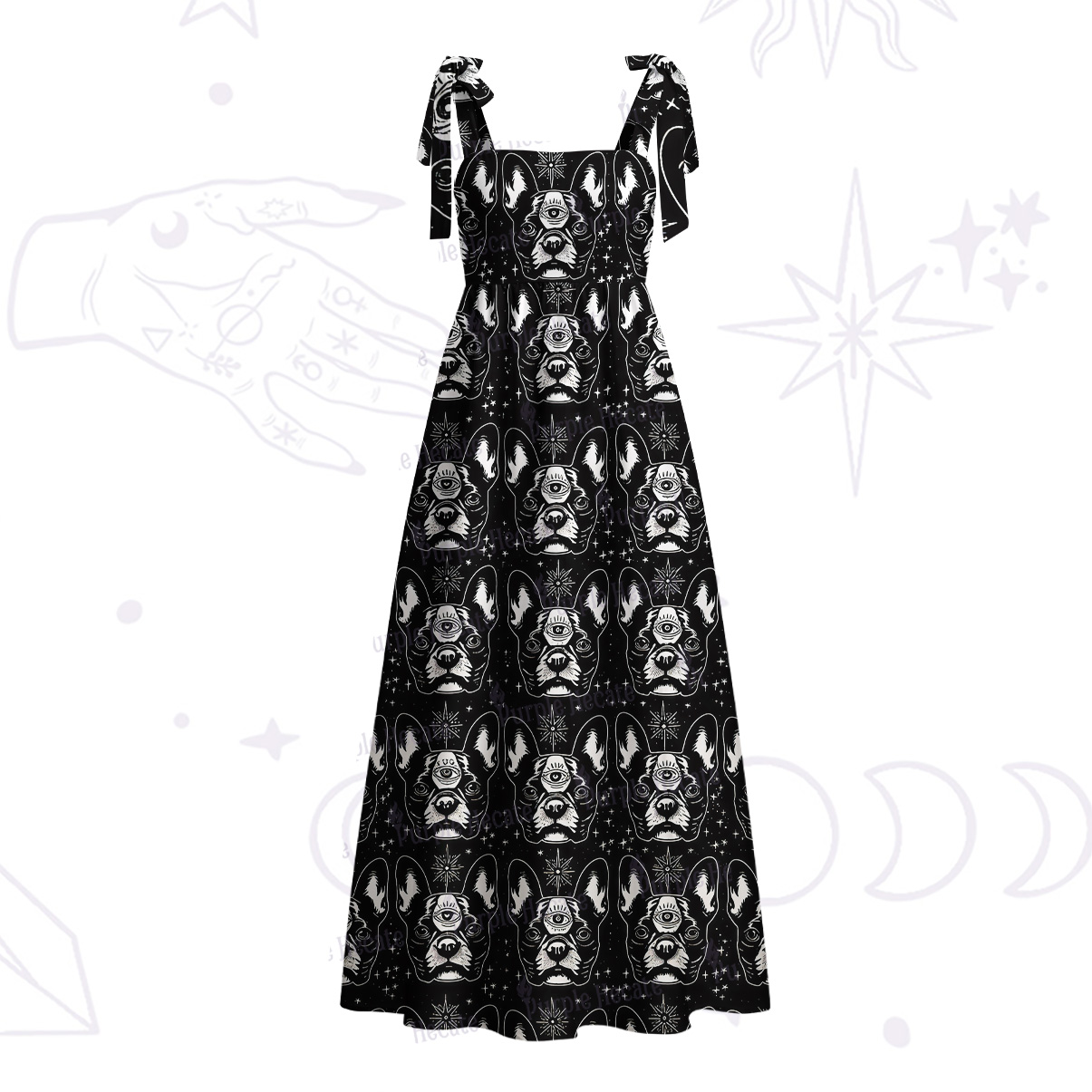 Purplehecate Mystic Boston Terrier Tie Shoulder Maxi Dress
