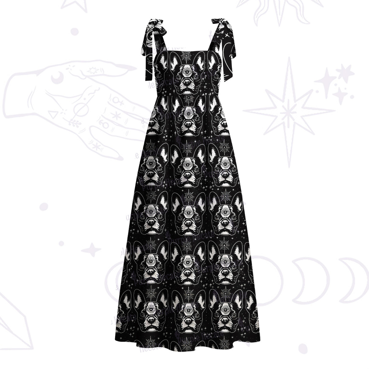 Purplehecate Mystic Boston Terrier Tie Shoulder Maxi Dress